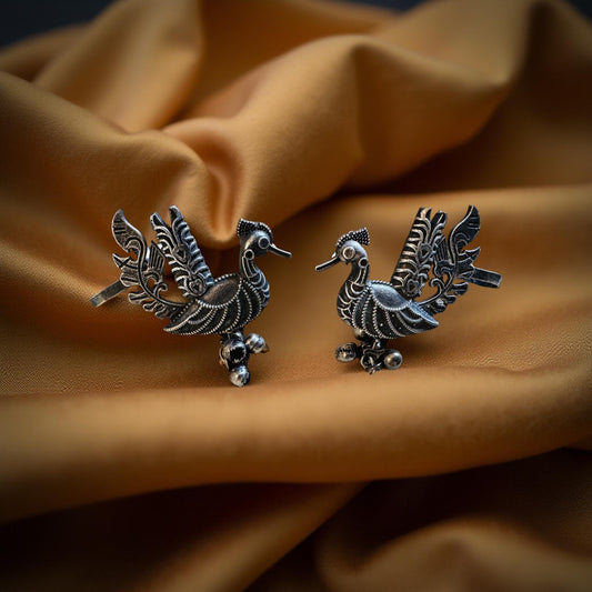 Ornate Silver Peacock Ear Cuff Earrings: Ethnic Jewelry